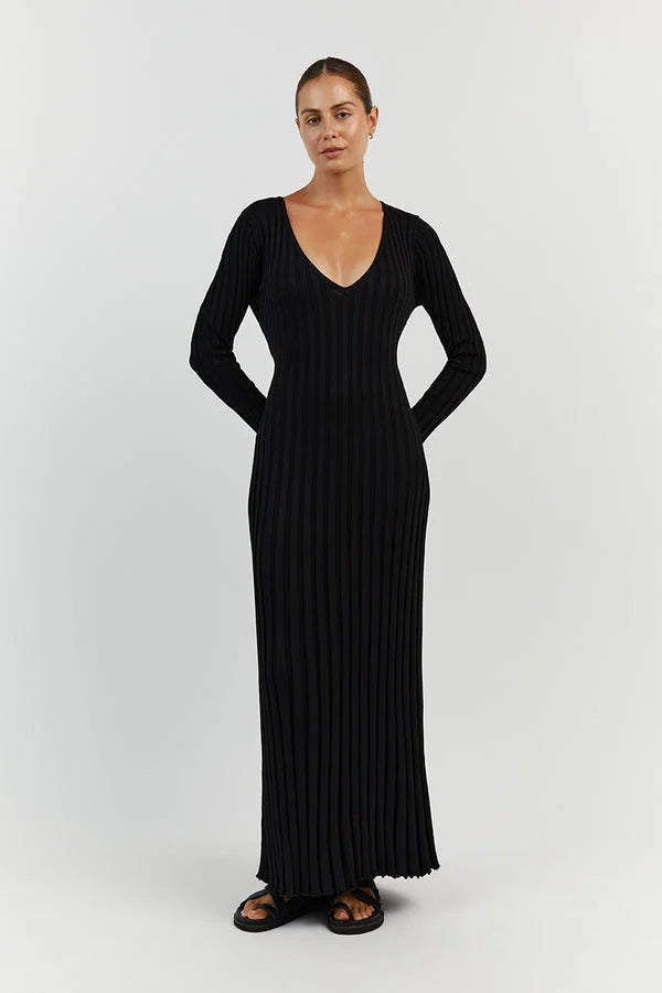 Lavinia - Robe midi en tricot à manches longues avec décolleté en V