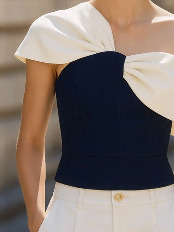 Chemisier ample asymétrique plissé à empiècements, asymétrique à une épaule, couleur contrastée