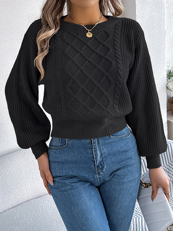 Taille élastiquée manches longues câble tricot couleur unie col rond haut en tricot pull hauts