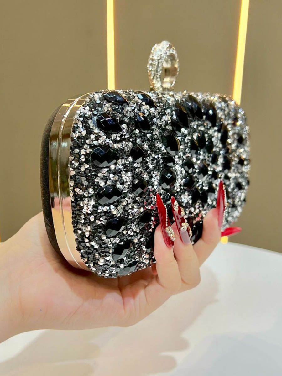 Pochette de soirée géométrique brillante à chaîne, à cadenas, à strass
