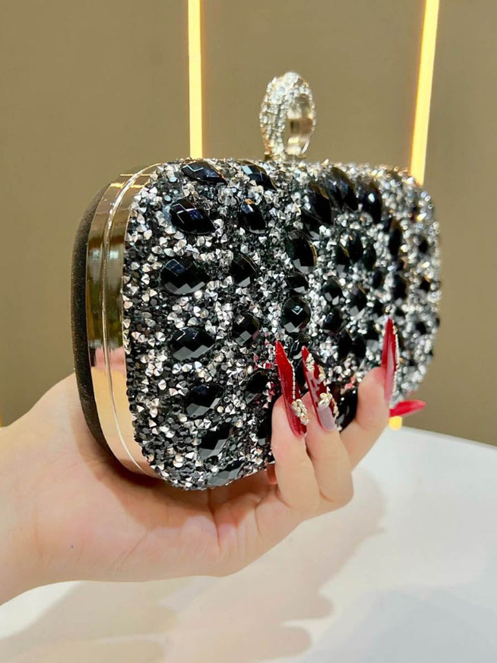 Pochette de soirée géométrique brillante à chaîne, à cadenas, à strass