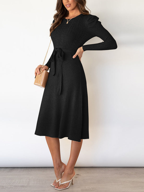 Robe pull taille haute, à manches longues, à taille nouée, à col rond, couleur unie