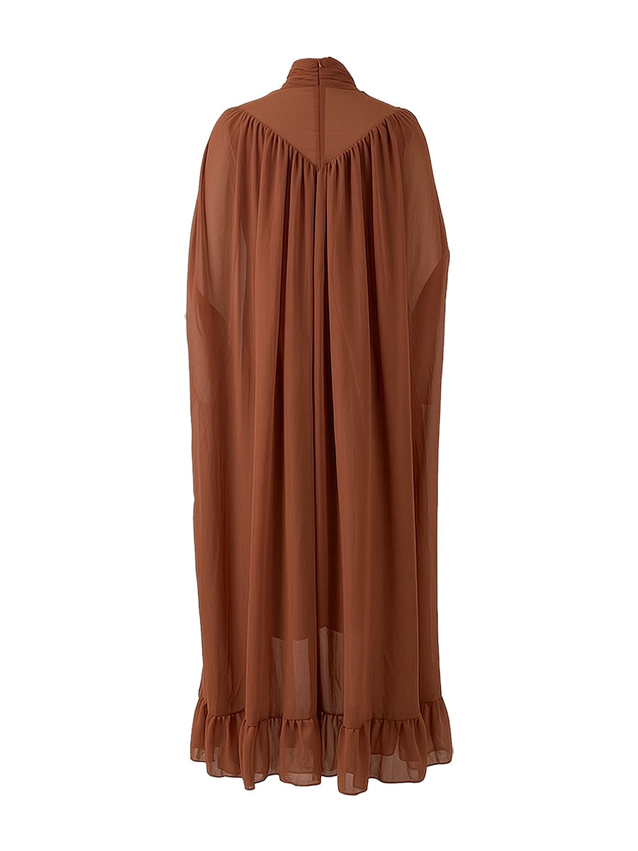 Robe longue superposée plissée volantée transparente style cape, à coupe irrégulière, à empiècements, à col haut, couleur unie