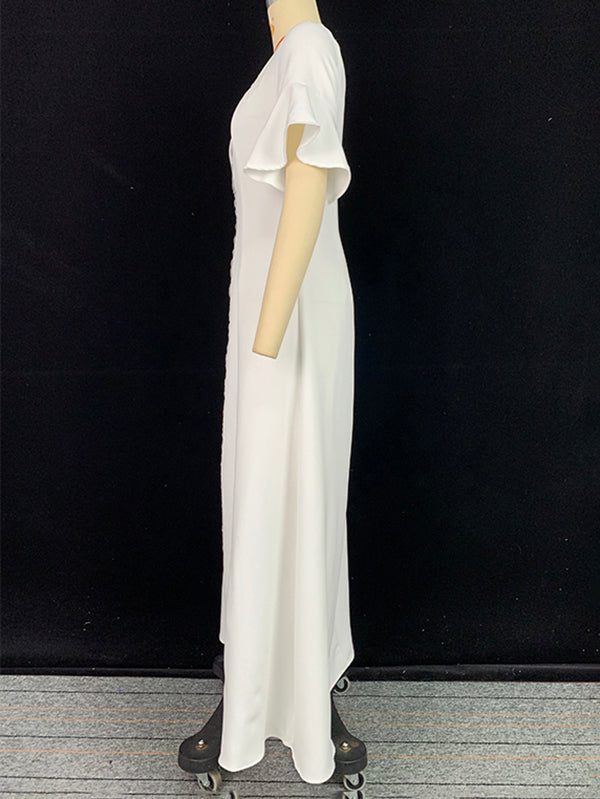 Robe longue brillante coupe trapèze, à manches évasées, à empiècements, à col carré, couleur unie