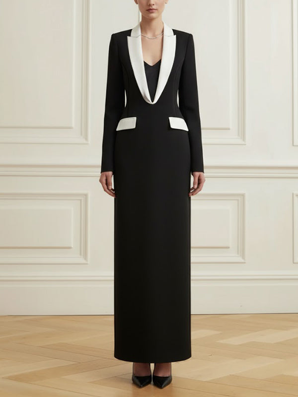 Robe longue à manches longues, à décolleté en V profond, couleur contrastée