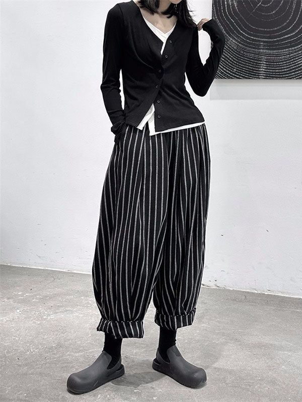 Sarouel ample taille haute fendu-joint motifs rayés pantalon pantalon