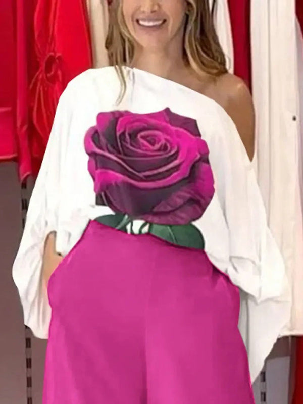 Chemisier ample asymétrique à manches longues, à taille élastique, à imprimé floral, asymétrique à une épaule