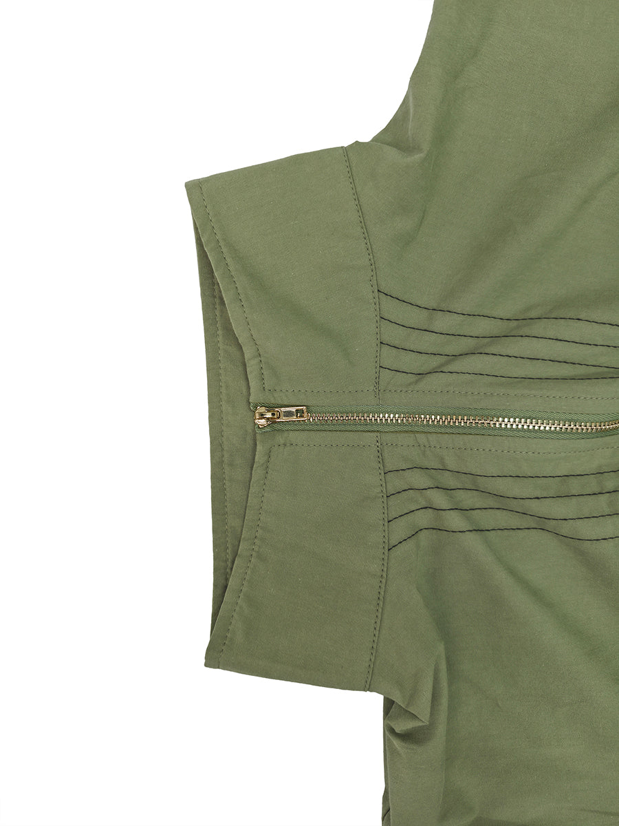 Robe longue à fermeture éclair, à poches, sans manches, taille haute, à col en V, couleur unie