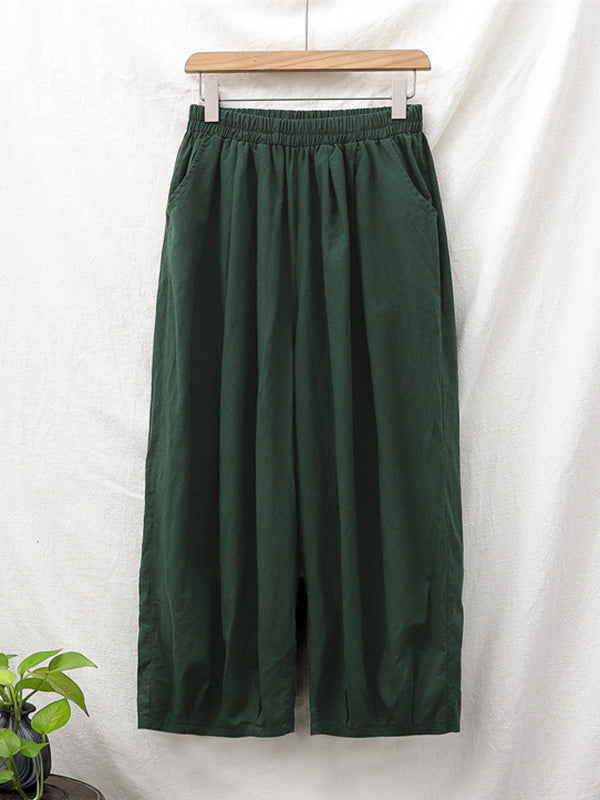 Knickerbockers à jambes larges et amples en lin, couleur unie, cordon de serrage plissé