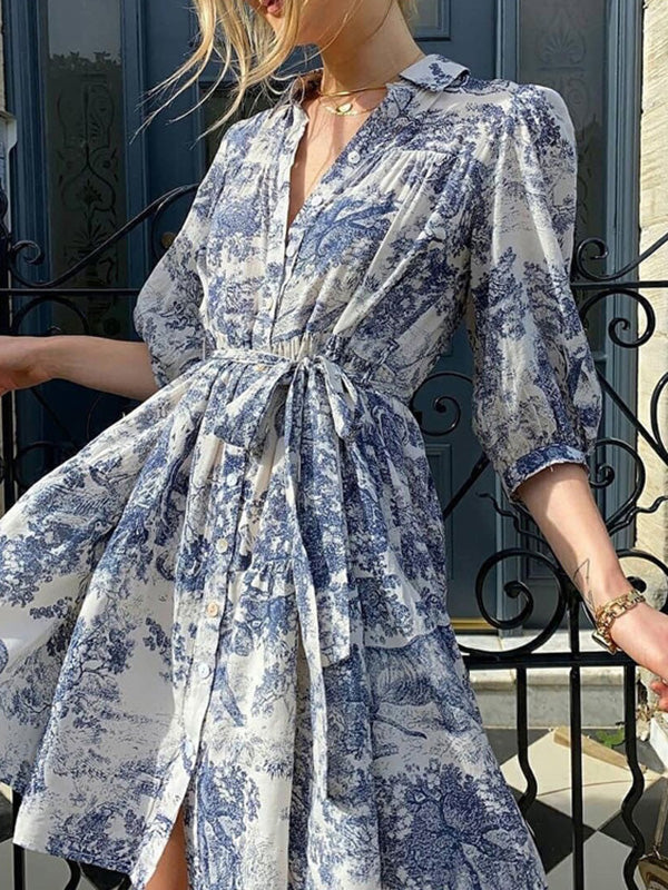 Robe chemise ample plissée imprimée à manches bouffantes, à empiècements, à taille nouée, à col revers