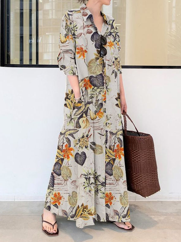 Robe chemise ample imprimée grande taille, à empiècements, à col revers