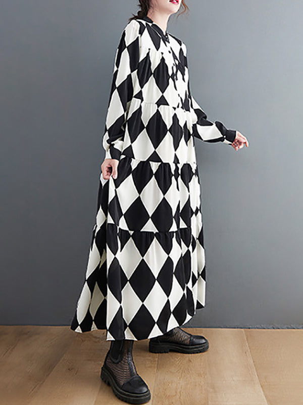 Robe mi-longue boutonnée coupe trapèze, à manches longues, à carreaux, col polo