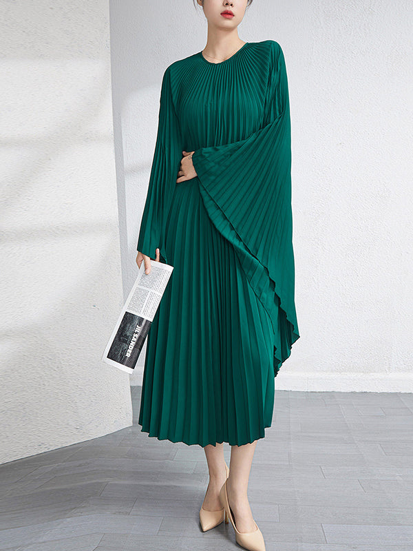 Robe longue ample plissée à manches chauve-souris, couleur unie