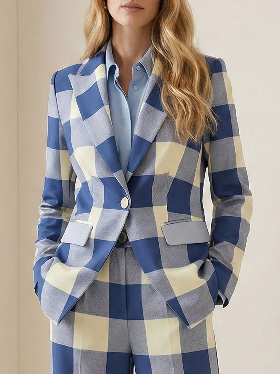 Blazer ample boutonné à manches longues, à carreaux, à poches, à col cranté, couleur contrastée