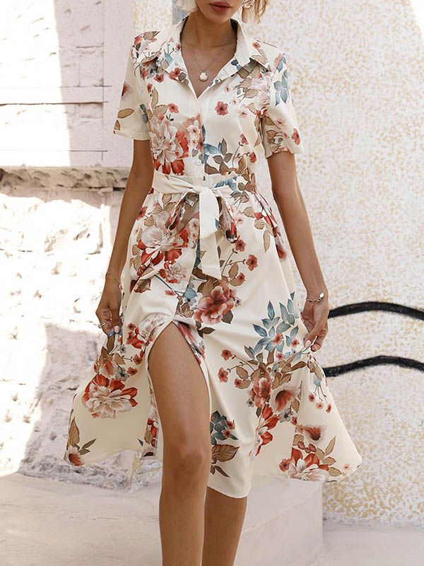 Robe mi-longue ample boutonnée coupe trapèze, à imprimé floral, à taille nouée, à col revers