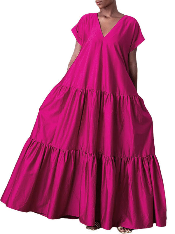 Robe longue ample plissée coupe trapèze, à empiècements, à col en V, couleur unie
