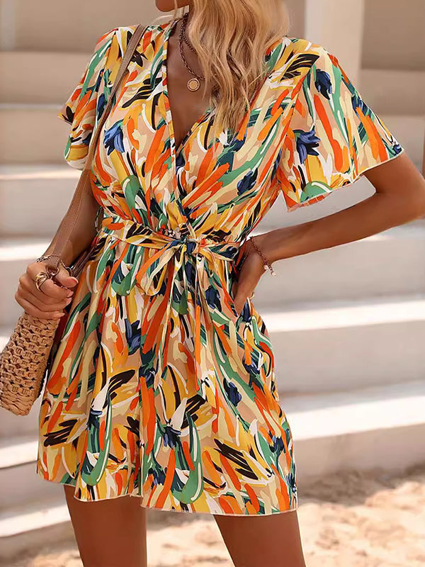 Robe courte ample imprimée taille haute, à taille nouée, à col en V