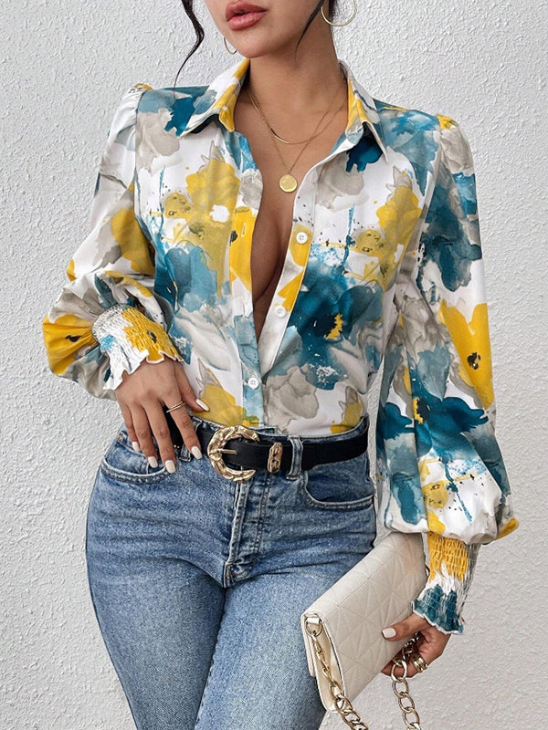 Chemisier ample boutonné plissé à manches longues, à taille élastique, à imprimé floral, à col revers