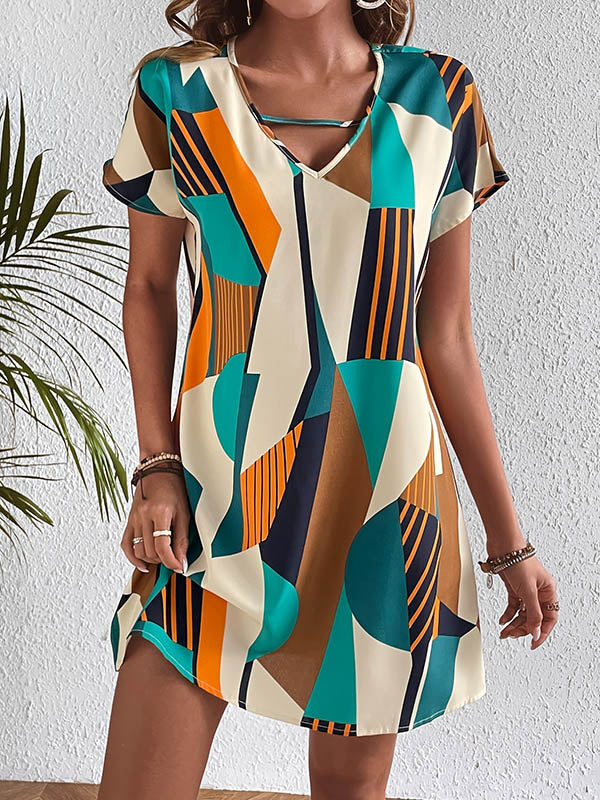 Robe courte ample imprimée coupe trapèze, à fermeture éclair, à col en V, couleur contrastée