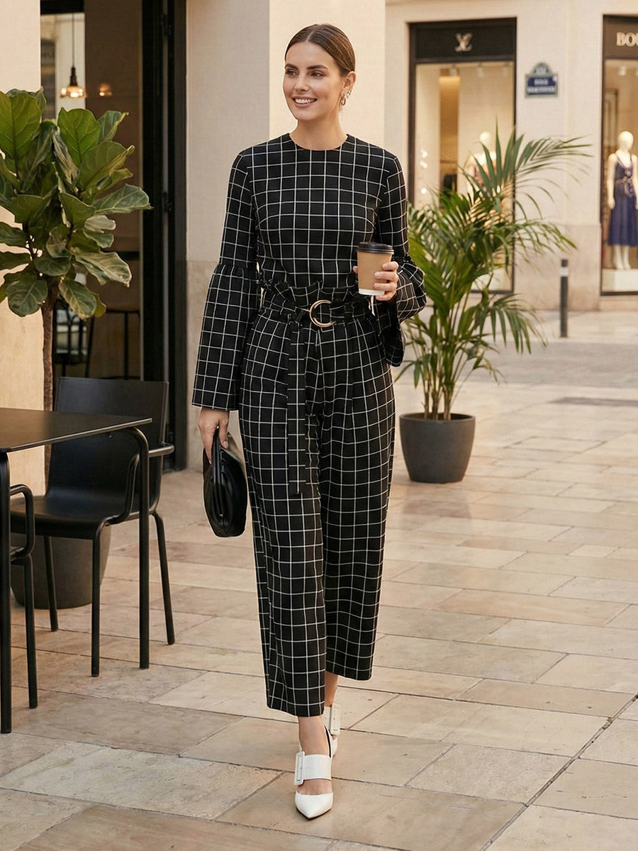 Pantalon à taille élastique, taille haute, avec ceinture, à empiècements, couleur contrastée
