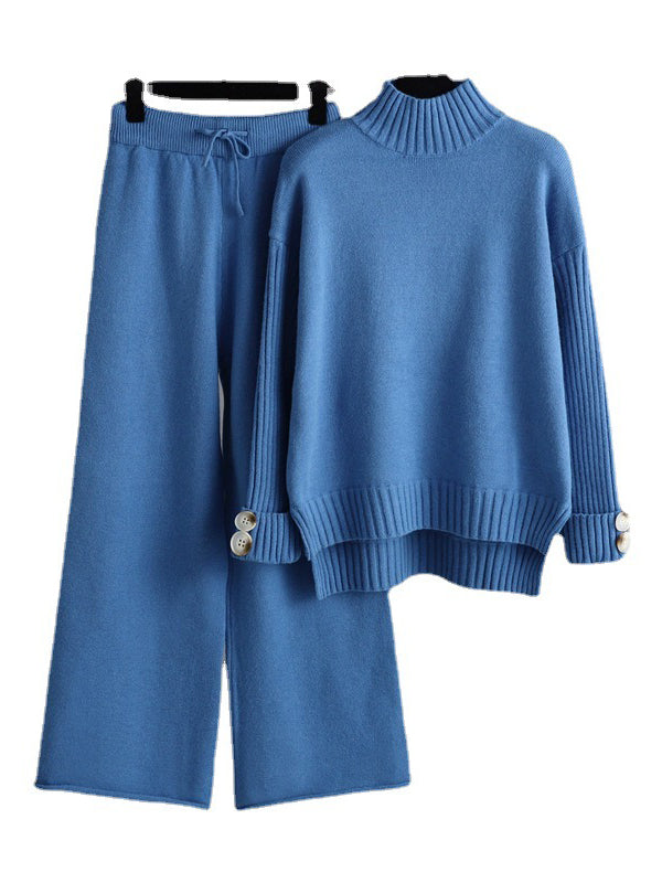 Pull urbain à manches longues et demi-col roulé de couleur unie & Pantalon large Ensemble deux pièces