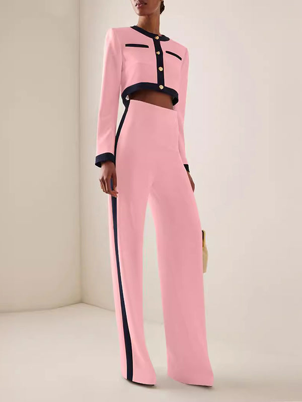 Ensemble deux pièces boutonné à manches longues, à empiècements, à col rond, taille haute – chemisier + pantalon