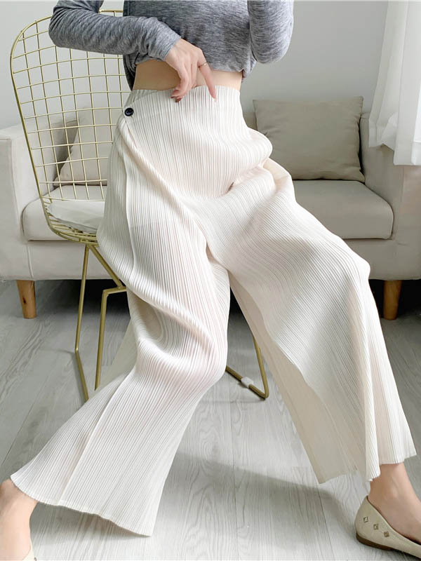 Pantalon plissé décontracté coupe droite, à coupe irrégulière, couleur unie