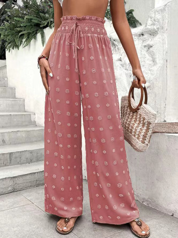 Pantalon ample taille haute, à cordon de serrage, à taille élastique, en jacquard, couleur unie