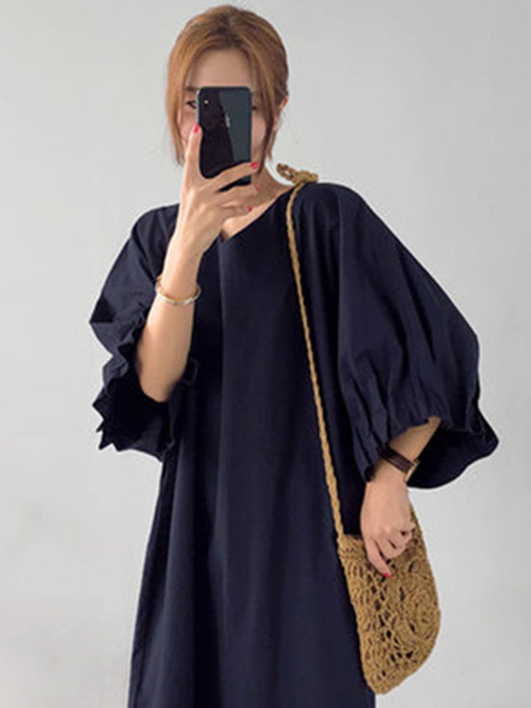 Robe mi-longue Plissée à Manches Raglan et Col en V de Grande Taille