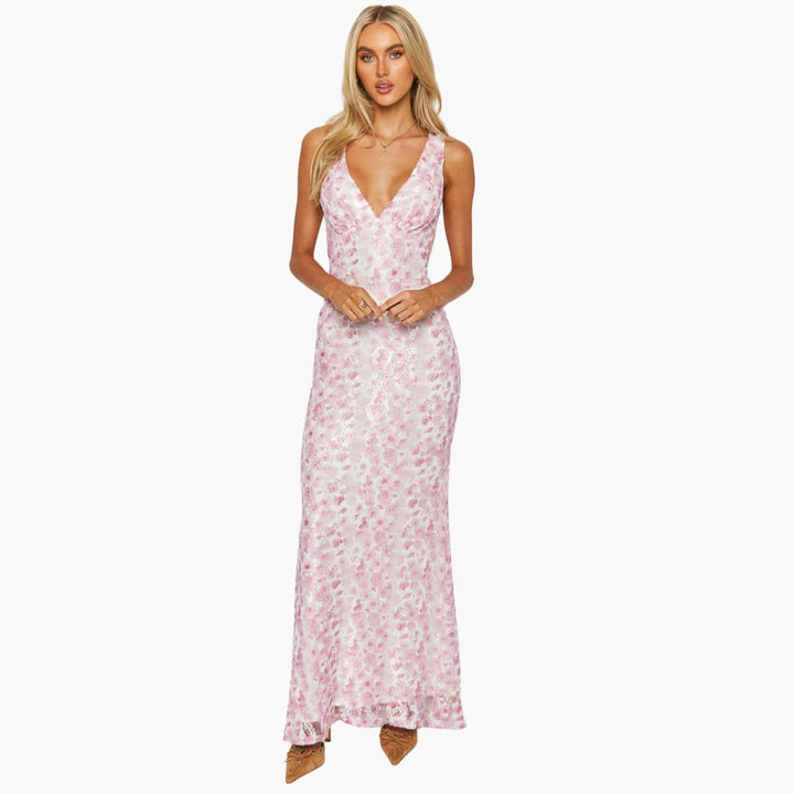 Robe maxi en dentelle - Style féminin avec décolleté en V et élégance