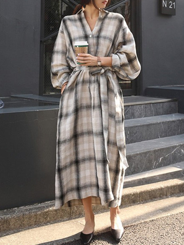 Robe chemise ample à manches longues, à carreaux, à empiècements, à taille nouée, à col revers