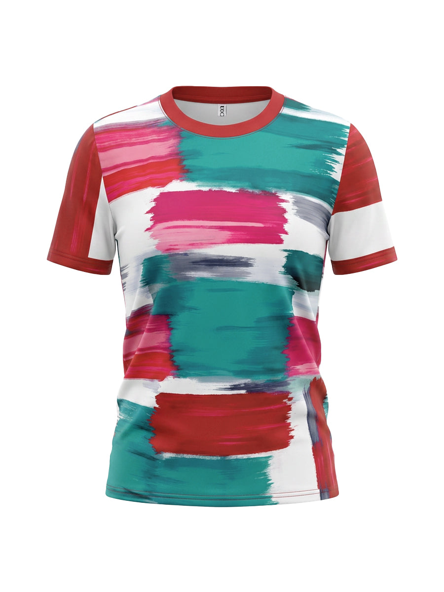 T-shirt imprimé à manches courtes, coupe près du corps, à carreaux, à col rond, couleur contrastée