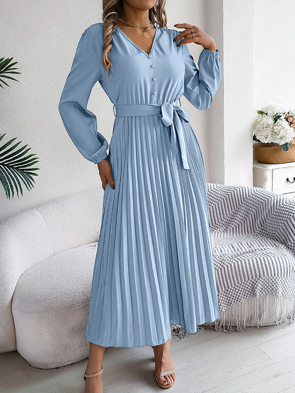 Robe longue boutonnée plissée taille haute, à manches longues, avec ceinture, à col en V, couleur unie