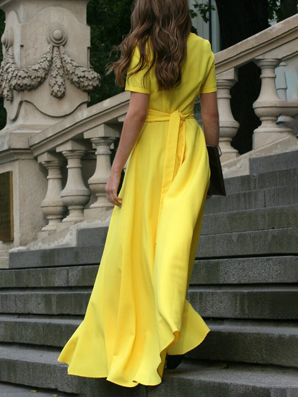 Robe longue à manches mi-longues, taille haute, à taille nouée, à col en V, couleur unie