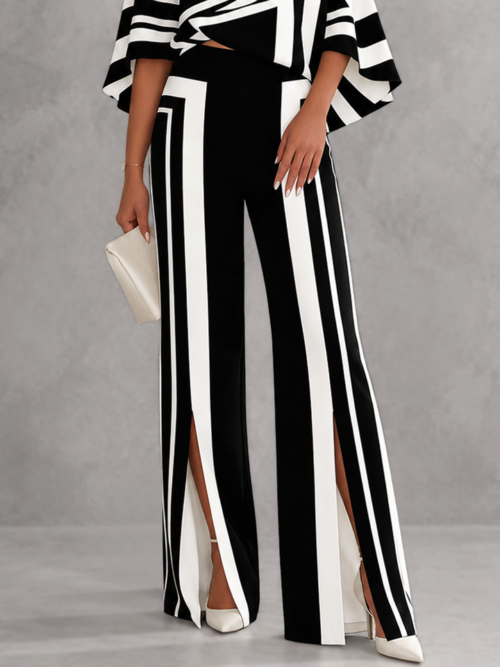 Pantalon rayé fendu devant à jambes larges, taille haute, couleur contrastée
