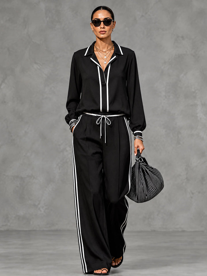 Pantalon rayé ample à poches, à cordon de serrage, à jambes larges, couleur contrastée