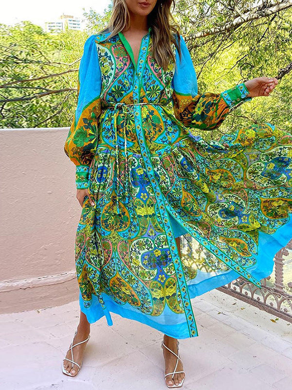 Robe mi-longue ample taille haute, à manches bouffantes, avec ceinture, à imprimé floral, à col revers