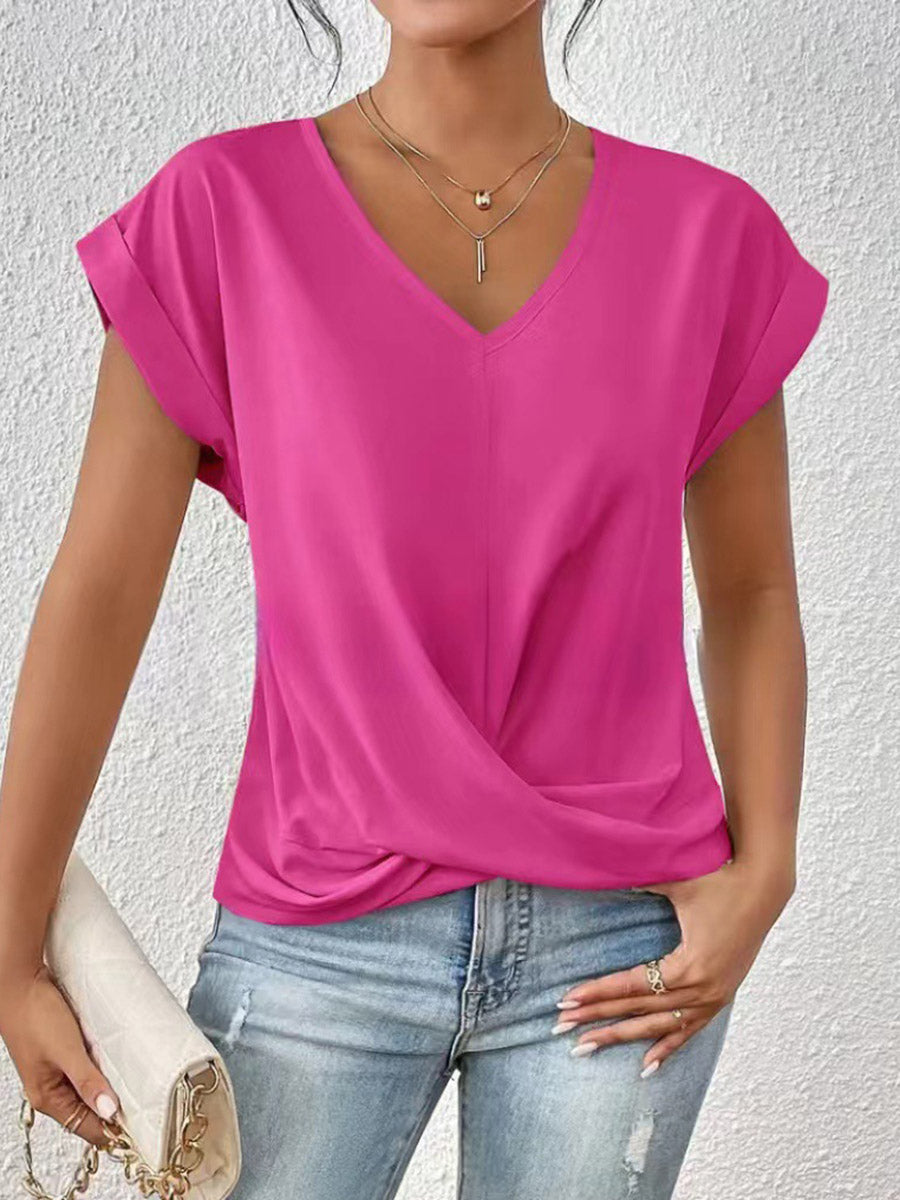 T-shirt ample plissé à manches courtes, à col en V, couleur unie