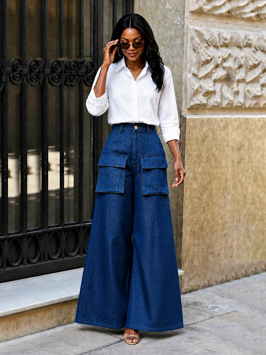 Pantalon boutonné à fermeture éclair, à poches, à jambes larges, taille haute, couleur unie