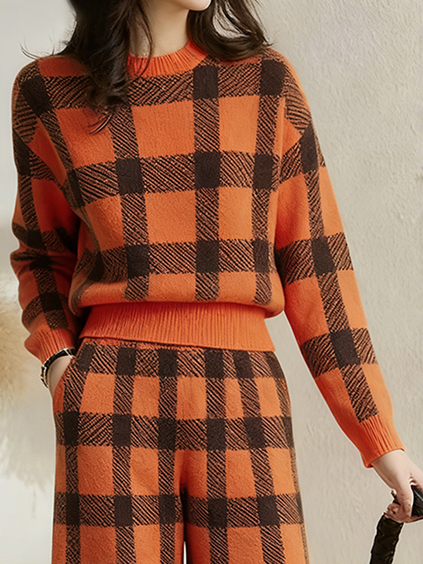 Pull à manches longues, à carreaux, à col cheminée, couleur contrastée