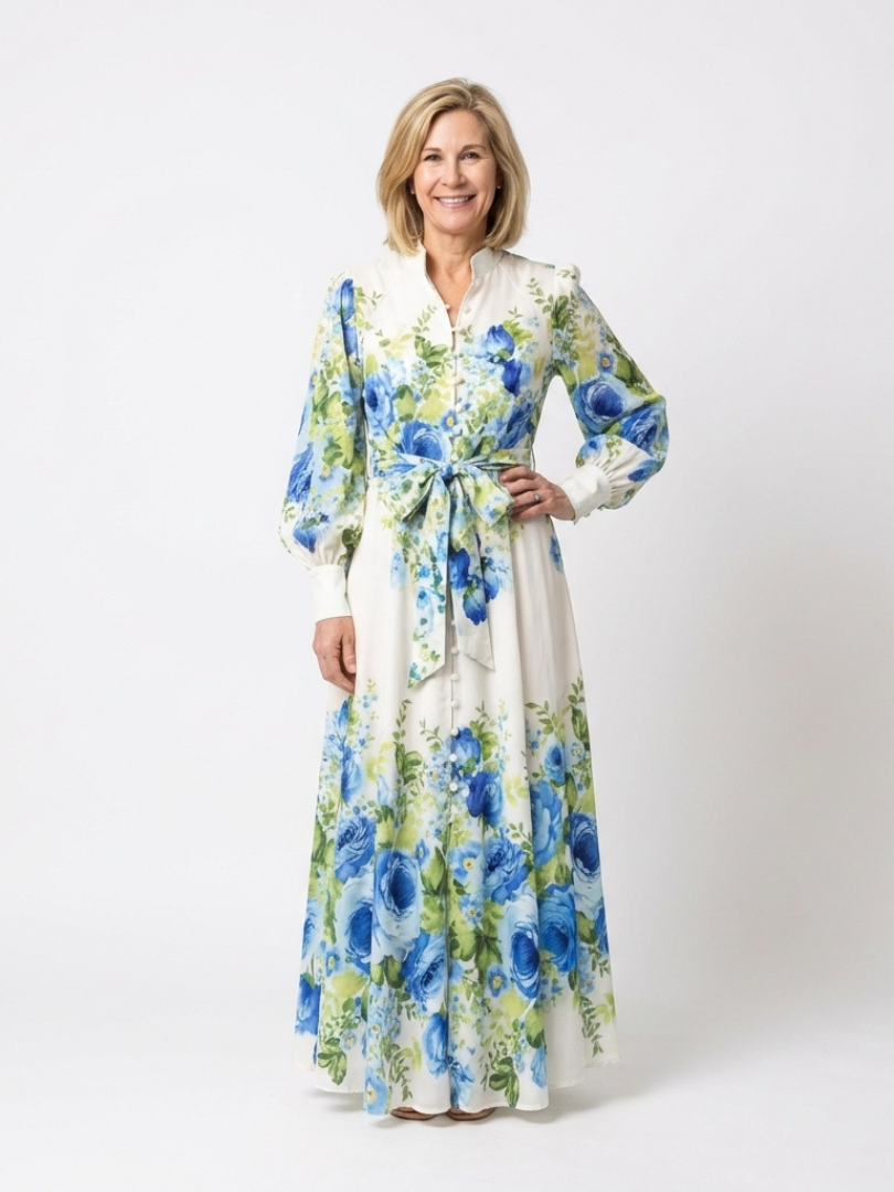 Harper | Robe maxi à manches longues avec boutons floraux sur le devant