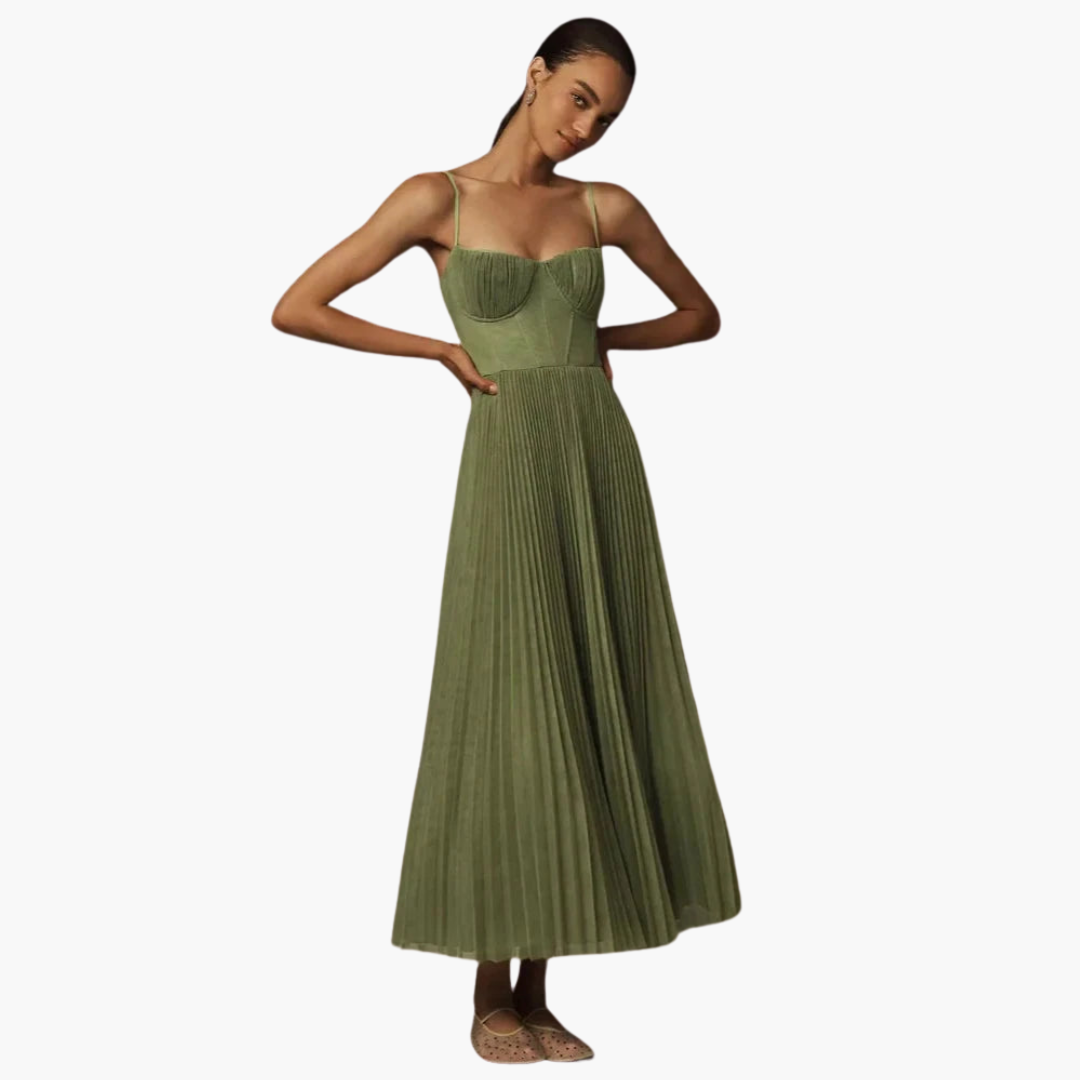 Robe midi plissée pour femmes - Bustier & bretelles spaghetti