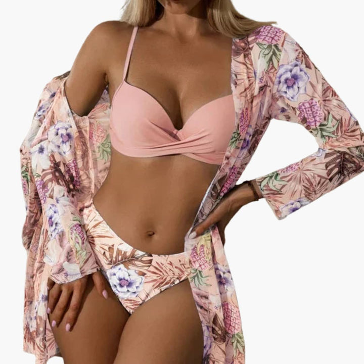 Ensemble de bikini pour femmes 3 pièces - avec kimono et pantalon taille haute