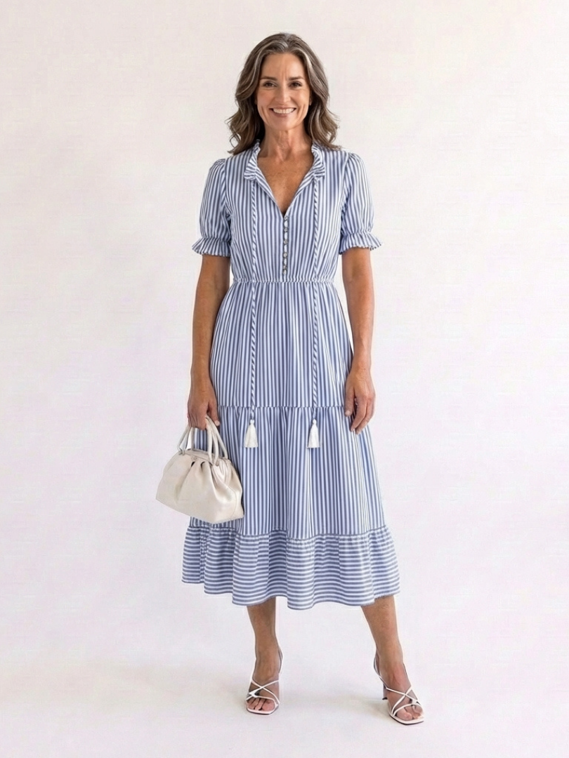 Dakota | Robe midi à manches courtes et à rayures superposées