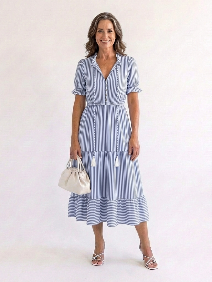Dakota | Robe midi à manches courtes et à rayures superposées
