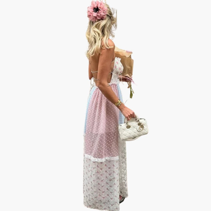Robe Maxikleid Patchwork - Robe d'été pour femmes avec bretelles spaghetti