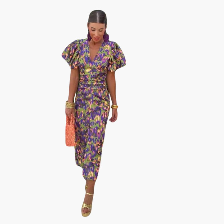 Robe midi à manches bouffantes - Tenue d'été élégante pour femmes