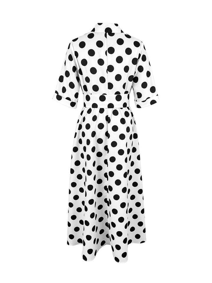Robe chemise boutonnée coupe trapèze, à manches mi-longues, à taille élastique, à pois, à col revers, couleur contrastée