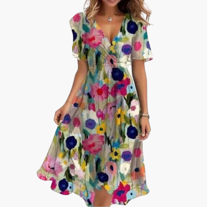 Robe midi pour femmes - Élégante, motif floral & décolleté en V