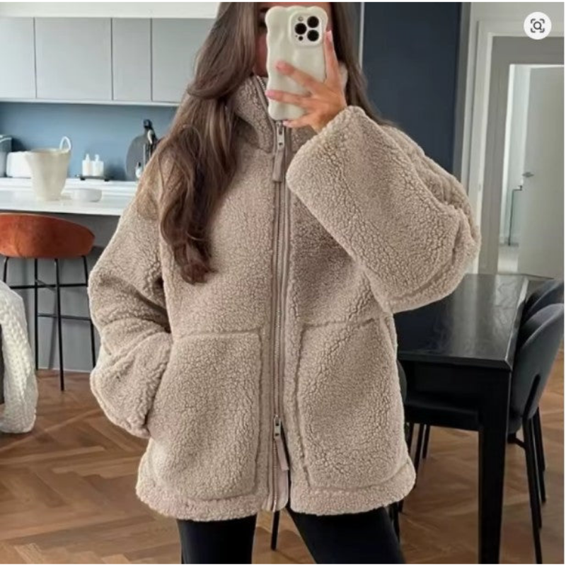 Veste d'hiver Teddy pour femmes avec fermeture éclair | Veste de transition douillette